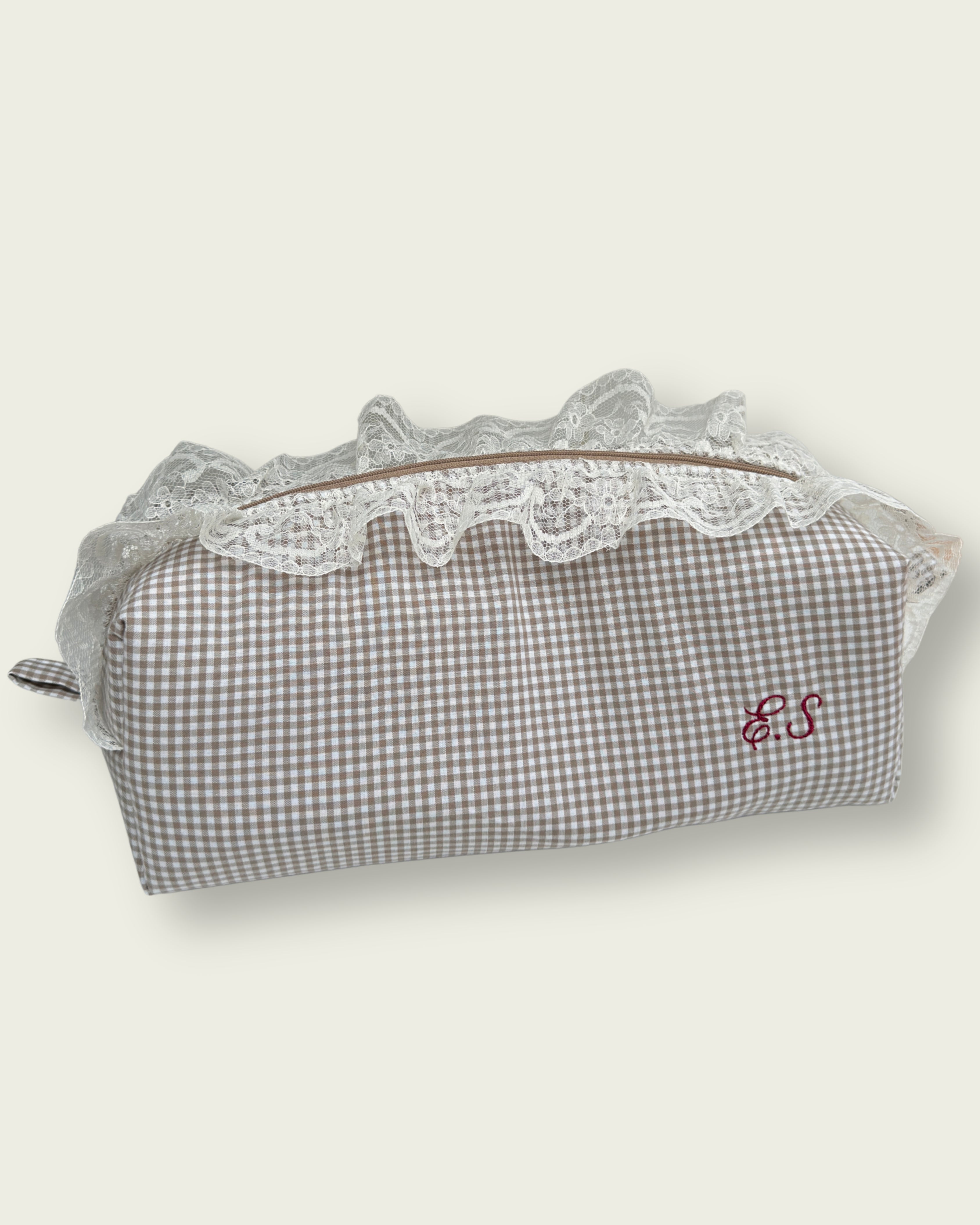 Beige Gingham Lace Hair Tool Bag - Small print