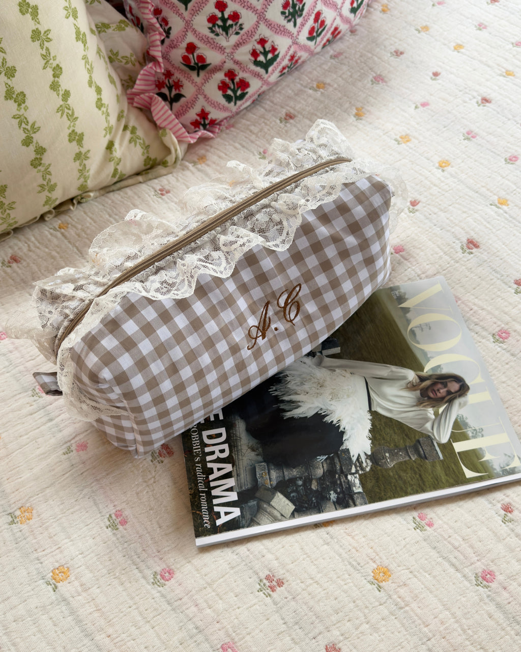 Beige Gingham Lace Hair Tool Bag