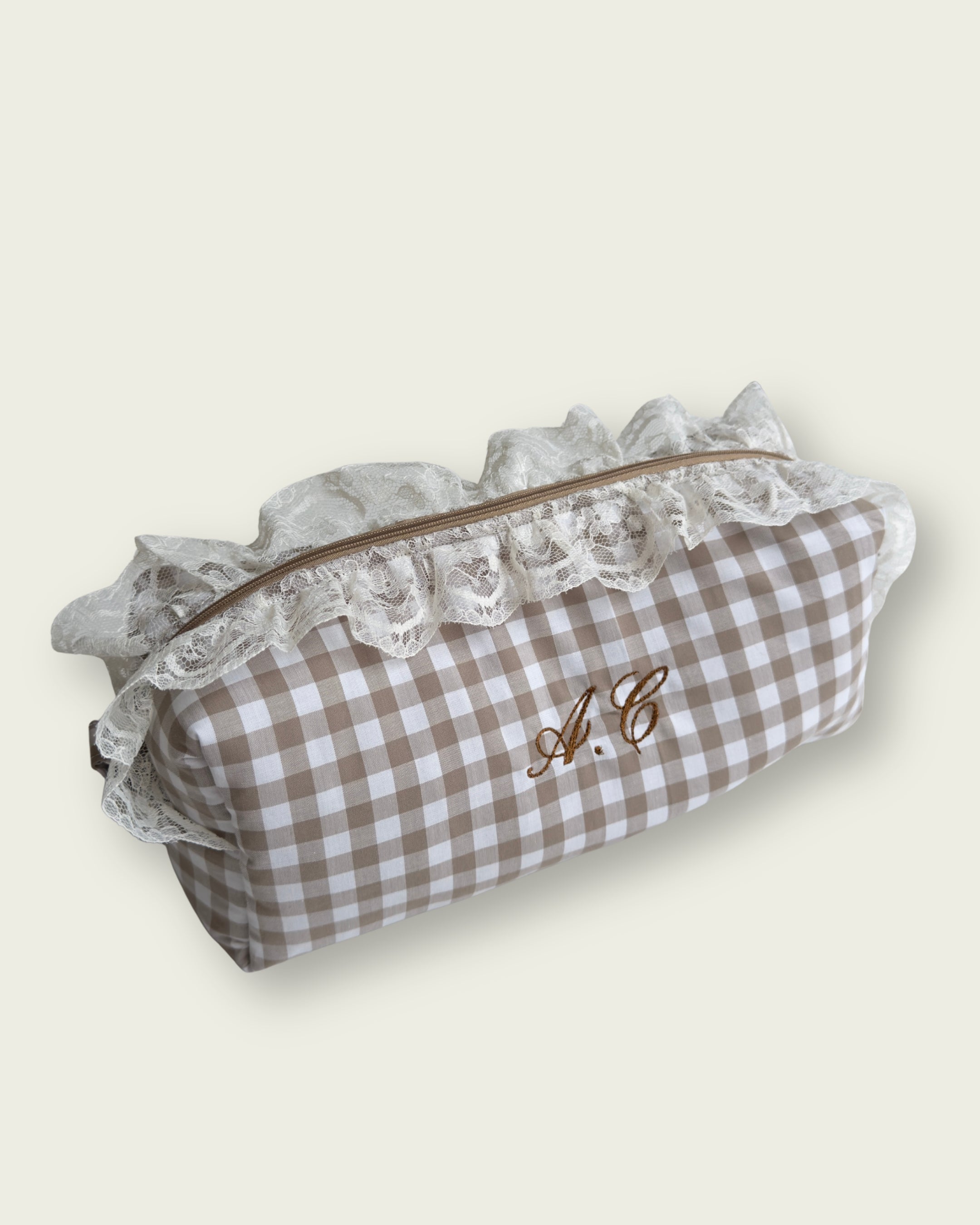 Beige Gingham Lace Hair Tool Bag